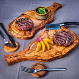 Olivenholz Steakbrett mit Saftrille 2er Set 40cm "The Smokey BBQ"