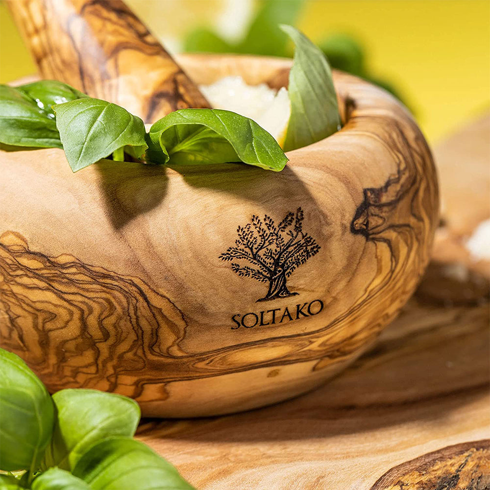 SmokeMax Olivenholz Mörser - Naturholz Mörser & Stößel Set Ca. 16cm